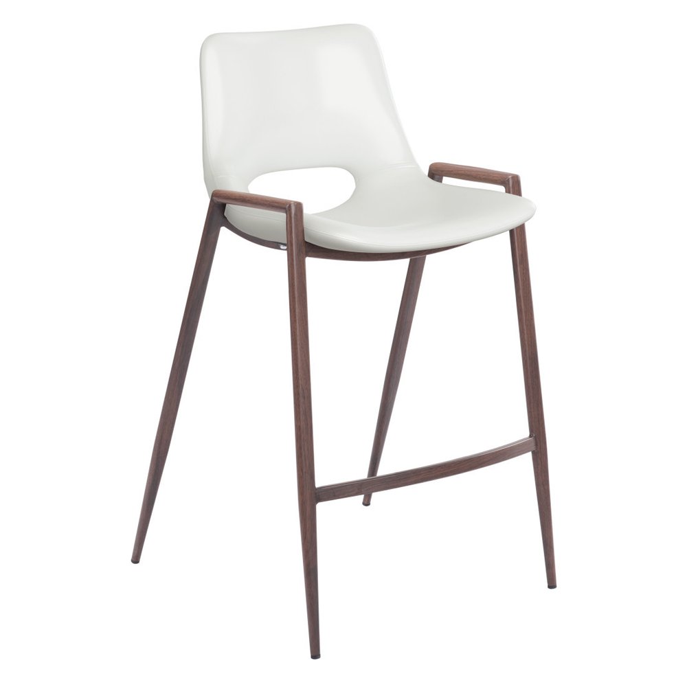 Set of Two 26" White And Brown Faux Leather And Steel Low Back Counter Height Bar Chairs