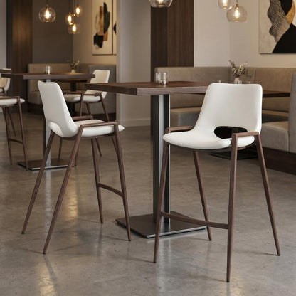 Set of Two 26" White And Brown Faux Leather And Steel Low Back Counter Height Bar Chairs