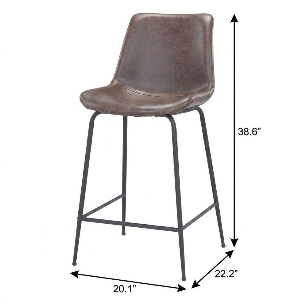26" Brown And Black Faux Leather And Steel Low Back Counter Height Bar Chair