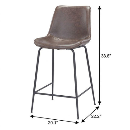26" Brown And Black Faux Leather And Steel Low Back Counter Height Bar Chair