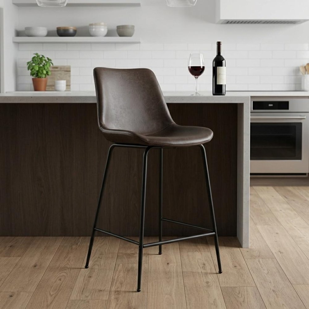 26" Brown And Black Faux Leather And Steel Low Back Counter Height Bar Chair