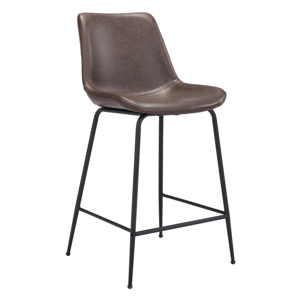 26" Brown And Black Faux Leather And Steel Low Back Counter Height Bar Chair