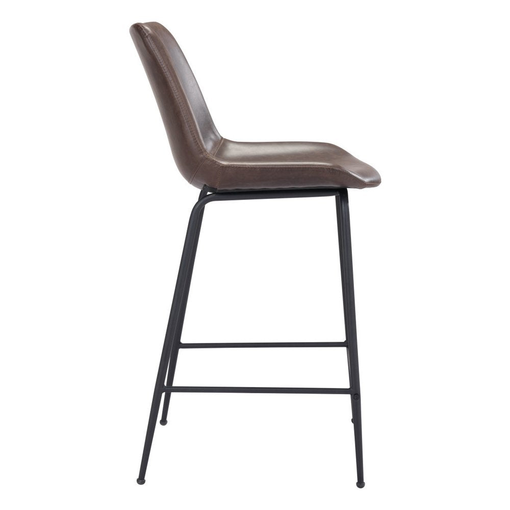 26" Brown And Black Faux Leather And Steel Low Back Counter Height Bar Chair