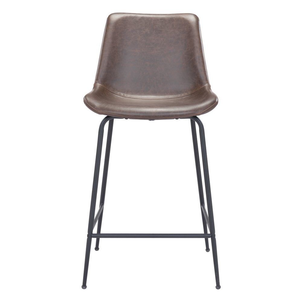 26" Brown And Black Faux Leather And Steel Low Back Counter Height Bar Chair