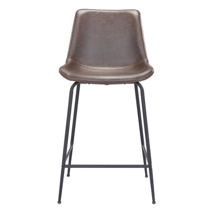 26" Brown And Black Faux Leather And Steel Low Back Counter Height Bar Chair