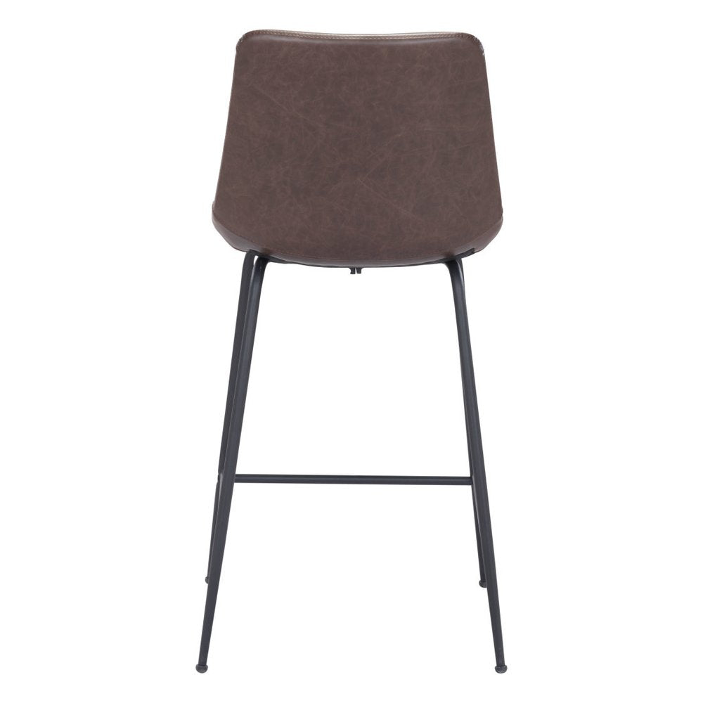 26" Brown And Black Faux Leather And Steel Low Back Counter Height Bar Chair