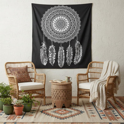 92" X 84" Black And White Abstract Cotton Hanging Tapestry