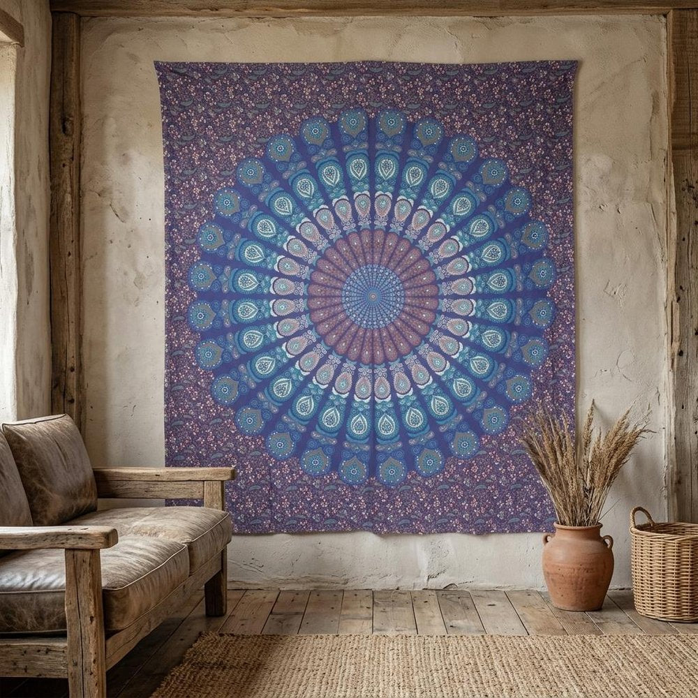92" X 84" Navy Blue Ivory And Brown Mandala Cotton Hanging Tapestry