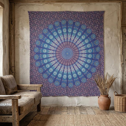 92" X 84" Navy Blue Ivory And Brown Mandala Cotton Hanging Tapestry