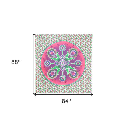88" X 84" Green Pink And White Floral Cotton Hanging Tapestry