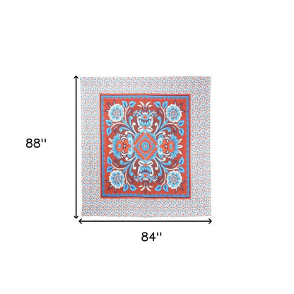 88" X 84" Red Blue And White Floral Cotton Hanging Tapestry