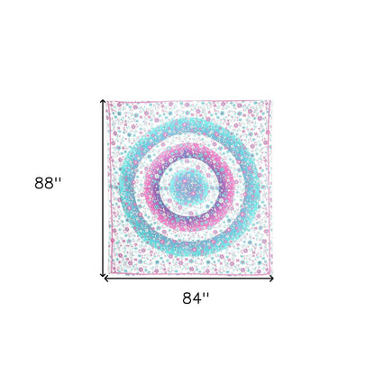 88" X 84" Pink Blue And White Floral Cotton Hanging Tapestry