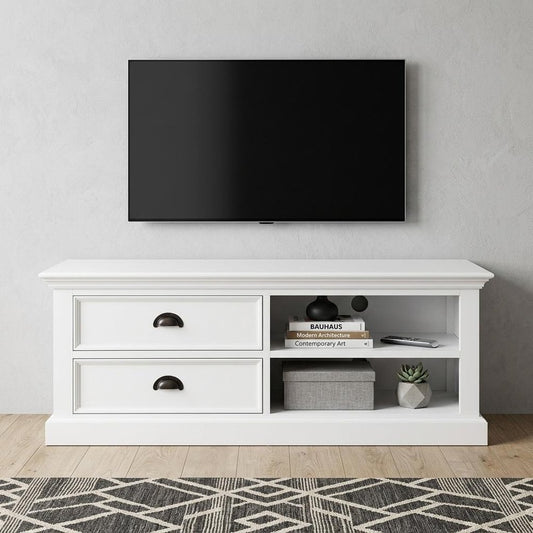 47" White Solid Wood Drawers and Open Shelving Entertainment Center