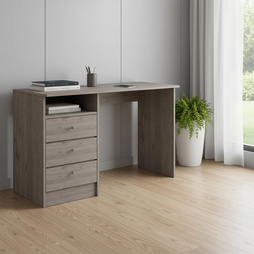46" Light Gray and Brown Wood Computer Desk With Three Drawers