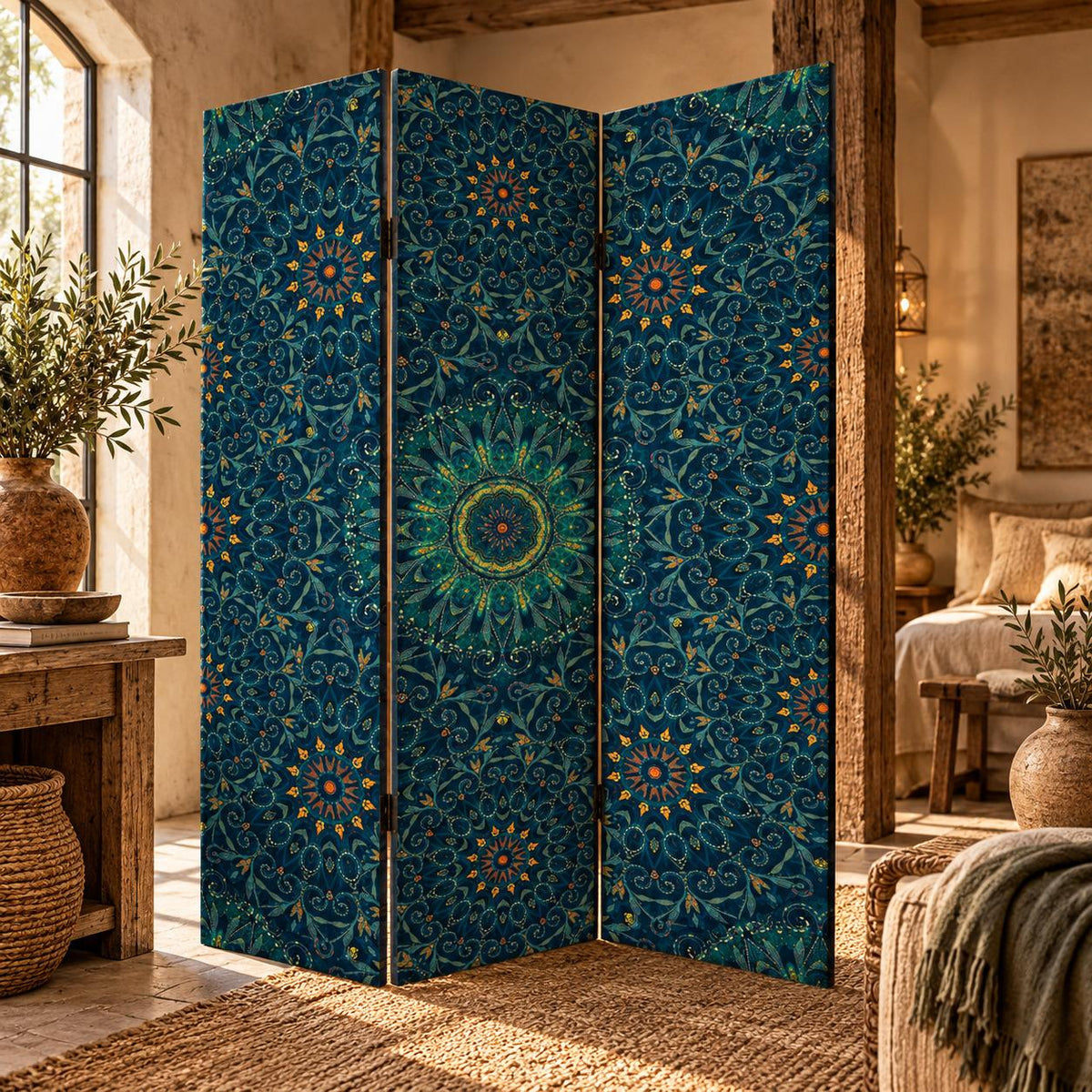 Blue Boho Mandala Three Panel Room Divider Screen