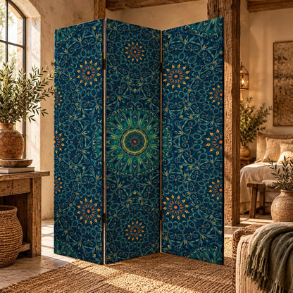 Blue Boho Mandala Three Panel Room Divider Screen