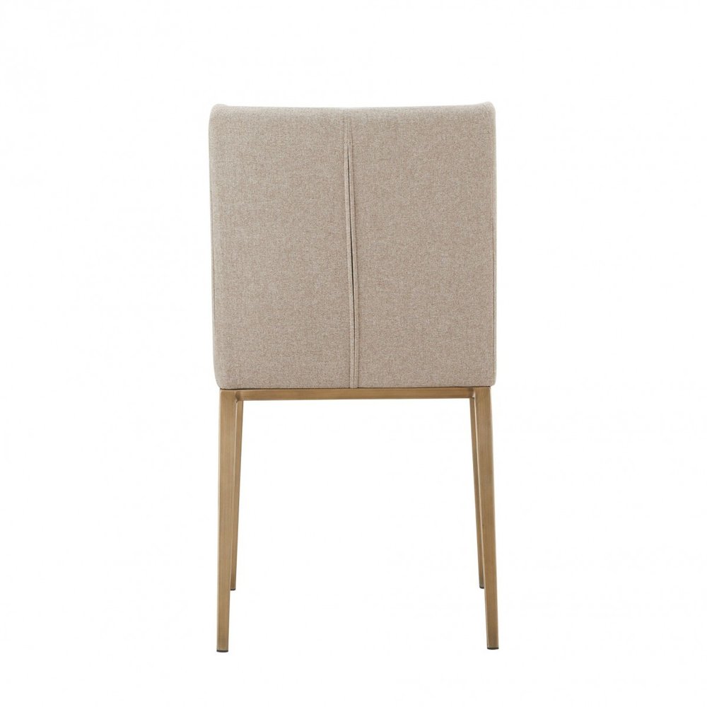 Set of Two Beige and Antiqued Brass Upholstered Fabric Wing Back Dining Side Chairs