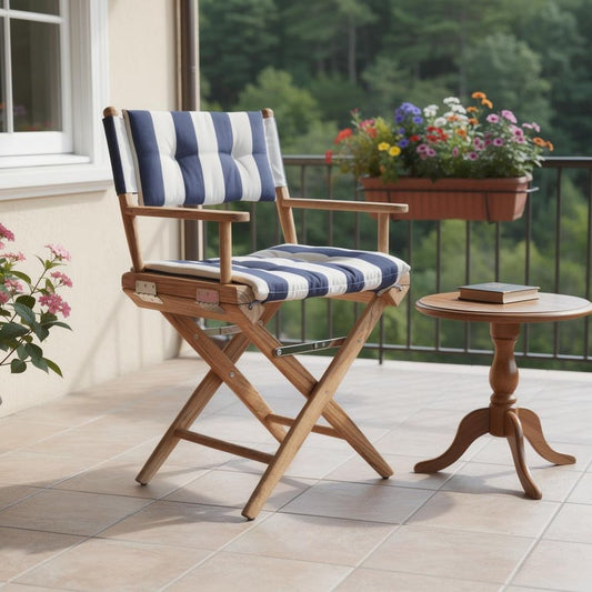 23" Blue and White and Natural Wood Solid Wood Indoor Outdoor Director Chair with Blue and White Cushion