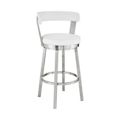 30" White And Silver Fabric And Iron Backless Bar Height Swivel Bar Chair