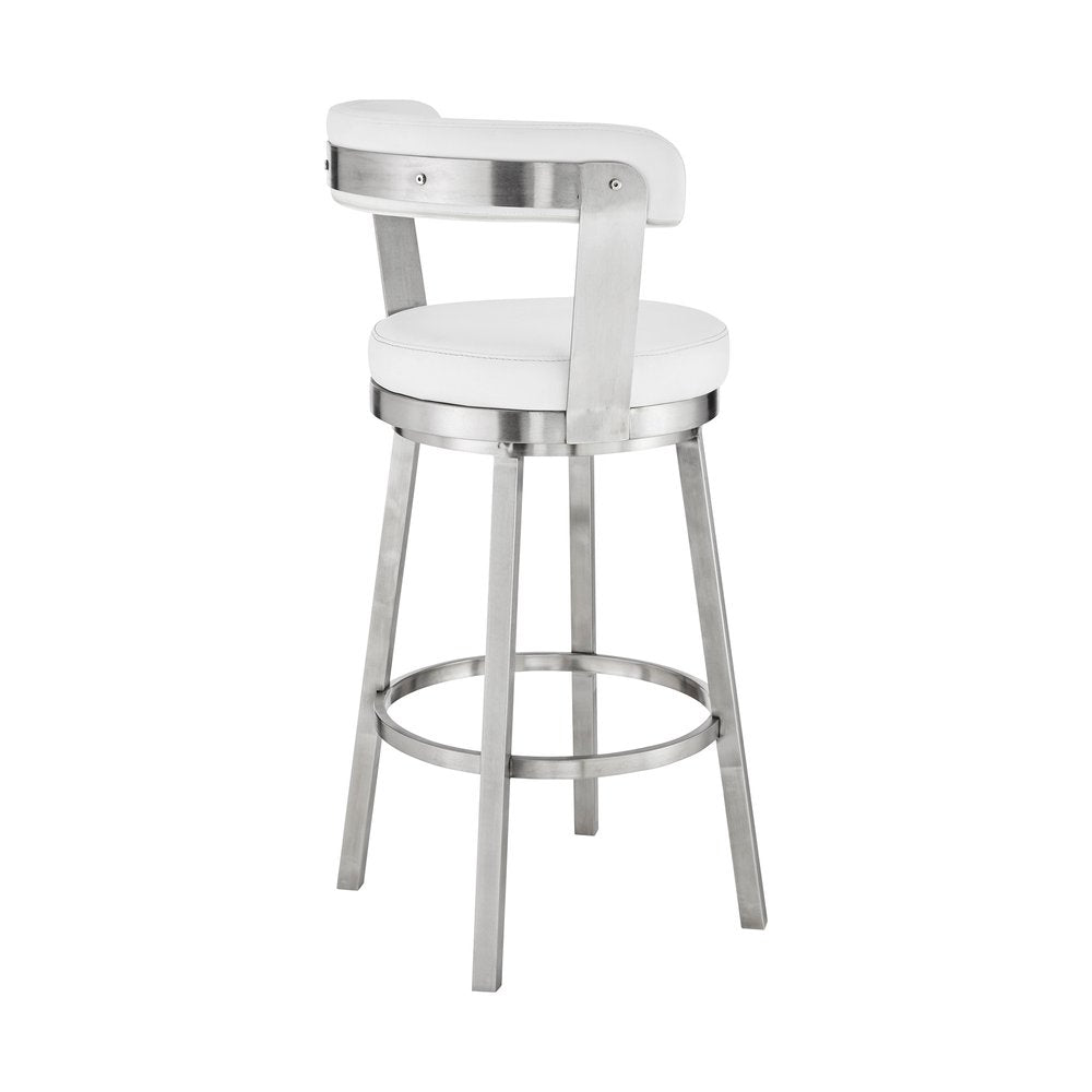 30" White And Silver Fabric And Iron Backless Bar Height Swivel Bar Chair