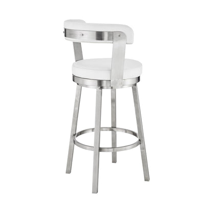 30" White And Silver Fabric And Iron Backless Bar Height Swivel Bar Chair