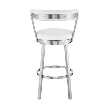30" White And Silver Fabric And Iron Backless Bar Height Swivel Bar Chair
