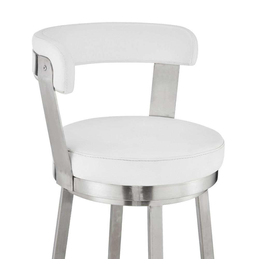 30" White And Silver Fabric And Iron Backless Bar Height Swivel Bar Chair