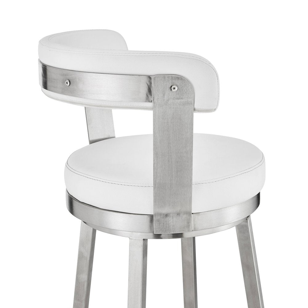 30" White And Silver Fabric And Iron Backless Bar Height Swivel Bar Chair