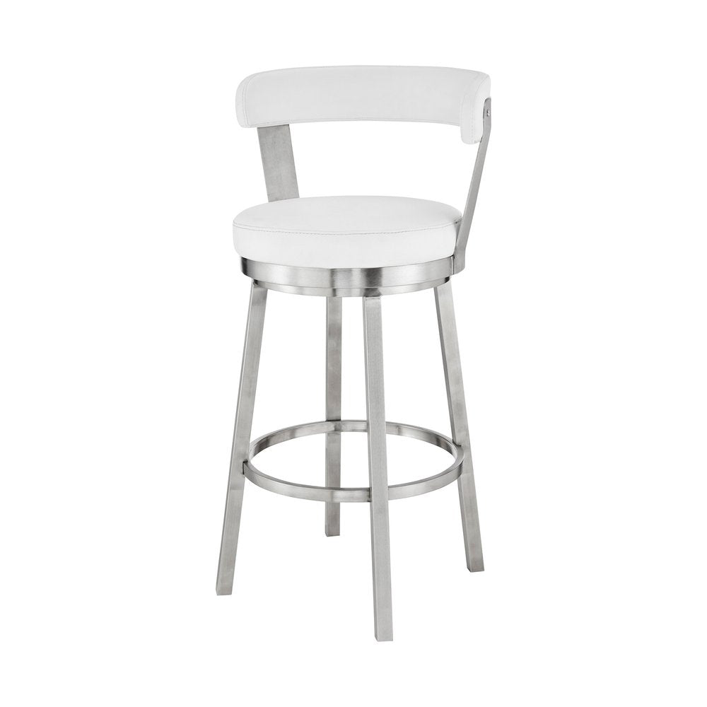 30" White And Silver Fabric And Iron Backless Bar Height Swivel Bar Chair