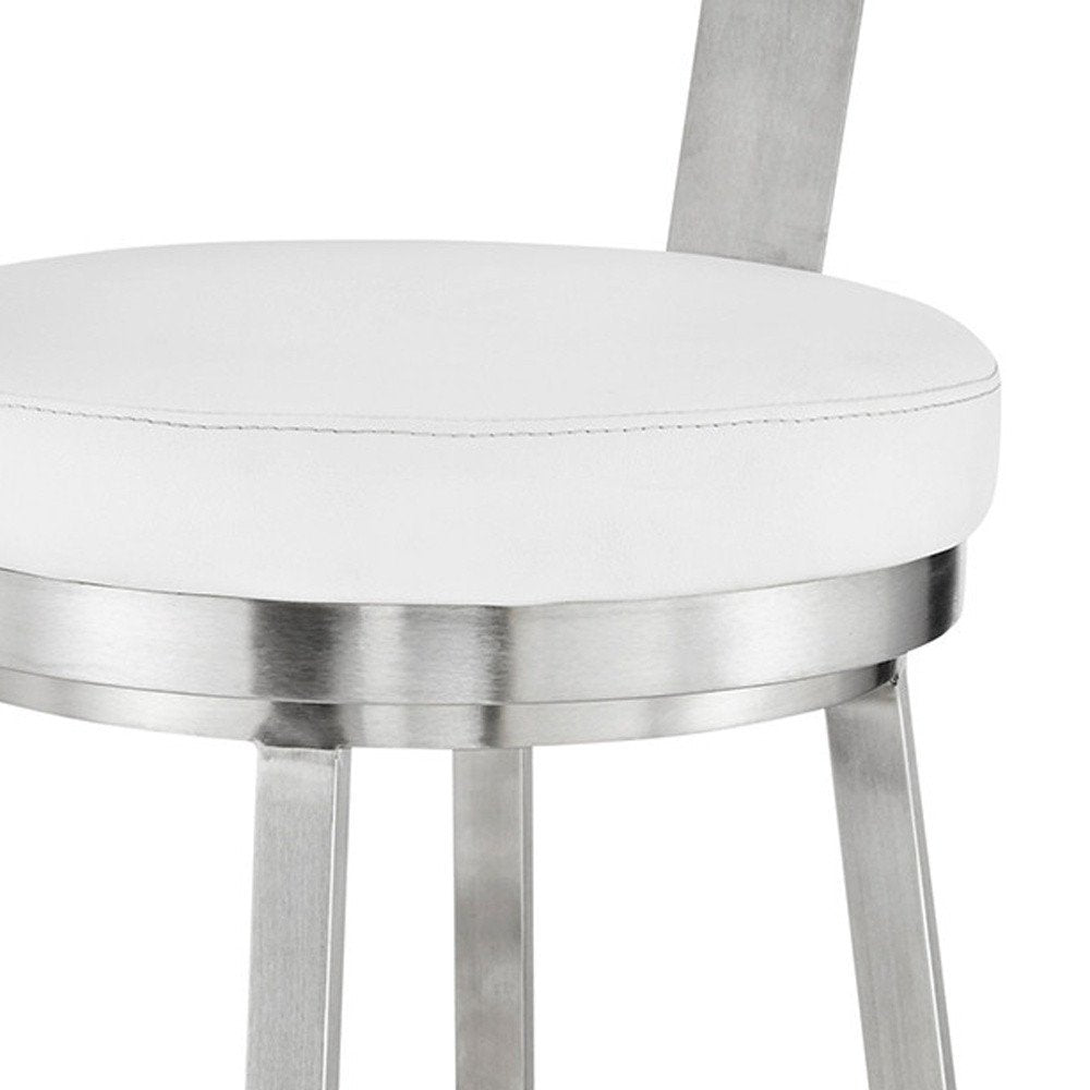 30" White And Silver Fabric And Iron Backless Bar Height Swivel Bar Chair