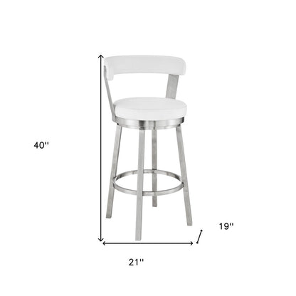 30" White And Silver Fabric And Iron Backless Bar Height Swivel Bar Chair