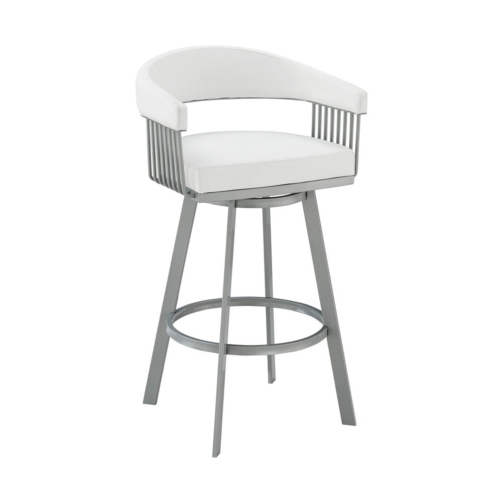 25" White And Silver Fabric And Iron Backless Counter Height Swivel Bar Chair
