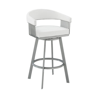 25" White And Silver Fabric And Iron Backless Counter Height Swivel Bar Chair