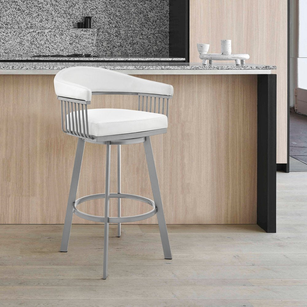 25" White And Silver Fabric And Iron Backless Counter Height Swivel Bar Chair