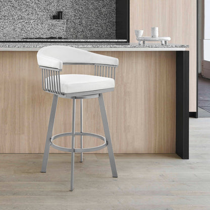 25" White And Silver Fabric And Iron Backless Counter Height Swivel Bar Chair