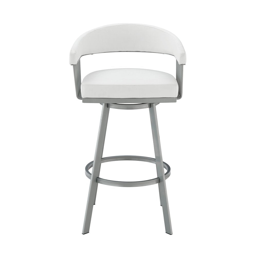 25" White And Silver Fabric And Iron Backless Counter Height Swivel Bar Chair