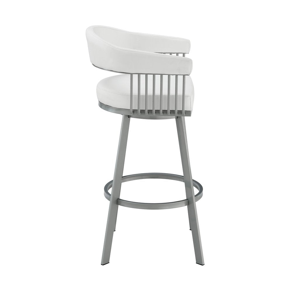 25" White And Silver Fabric And Iron Backless Counter Height Swivel Bar Chair