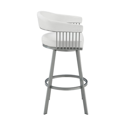 25" White And Silver Fabric And Iron Backless Counter Height Swivel Bar Chair