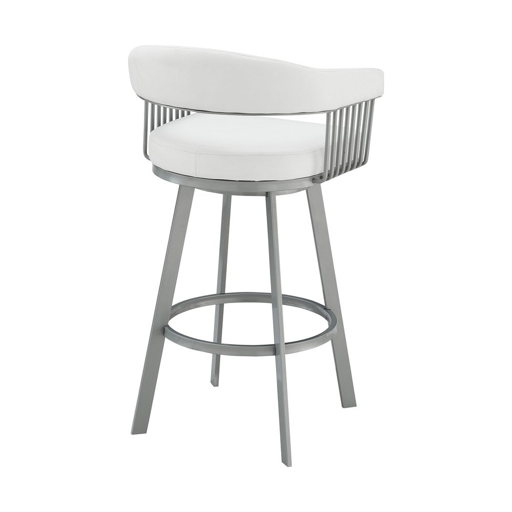 25" White And Silver Fabric And Iron Backless Counter Height Swivel Bar Chair