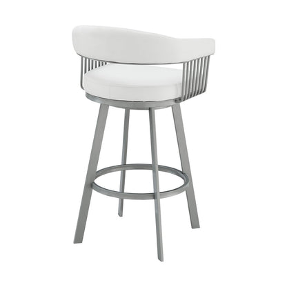 25" White And Silver Fabric And Iron Backless Counter Height Swivel Bar Chair