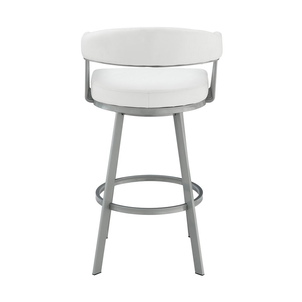 25" White And Silver Fabric And Iron Backless Counter Height Swivel Bar Chair