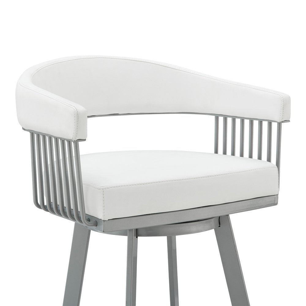 25" White And Silver Fabric And Iron Backless Counter Height Swivel Bar Chair