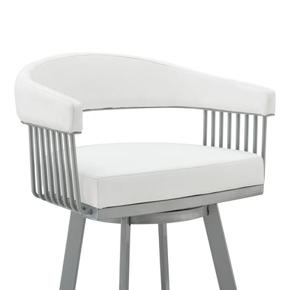 25" White And Silver Fabric And Iron Backless Counter Height Swivel Bar Chair
