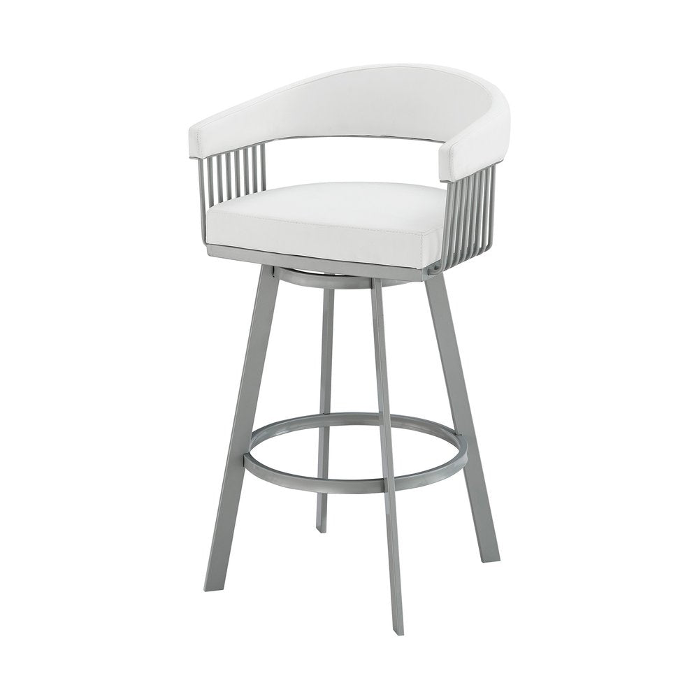 25" White And Silver Fabric And Iron Backless Counter Height Swivel Bar Chair