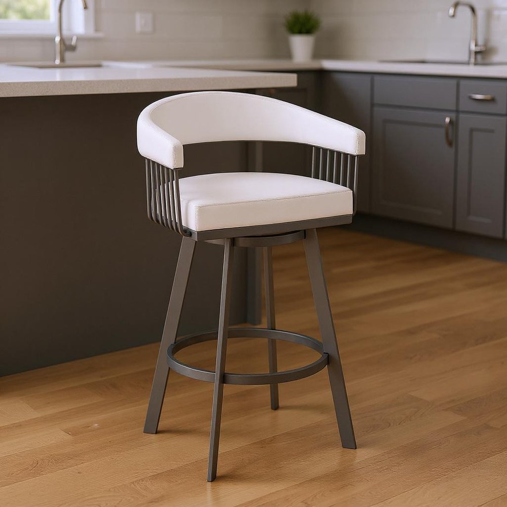 25" White And Silver Fabric And Iron Backless Counter Height Swivel Bar Chair