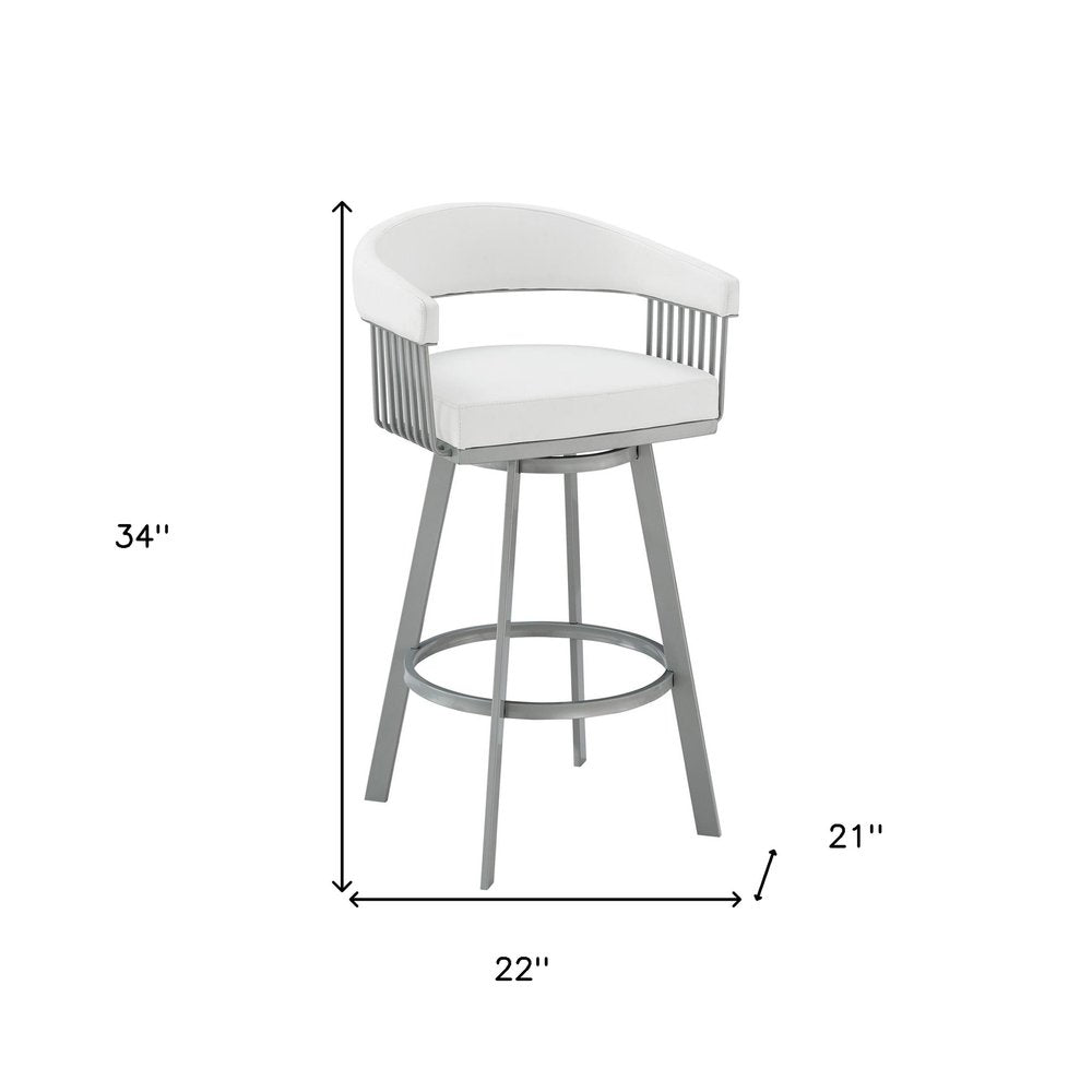 25" White And Silver Fabric And Iron Backless Counter Height Swivel Bar Chair