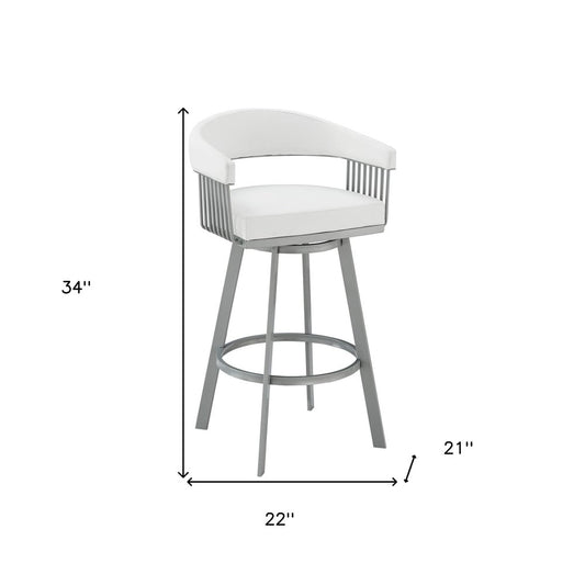 25" White And Silver Fabric And Iron Backless Counter Height Swivel Bar Chair