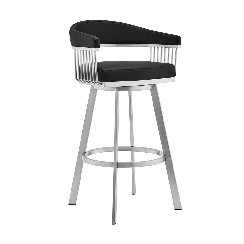 25" Black And Silver Fabric And Iron Backless Counter Height Swivel Bar Chair