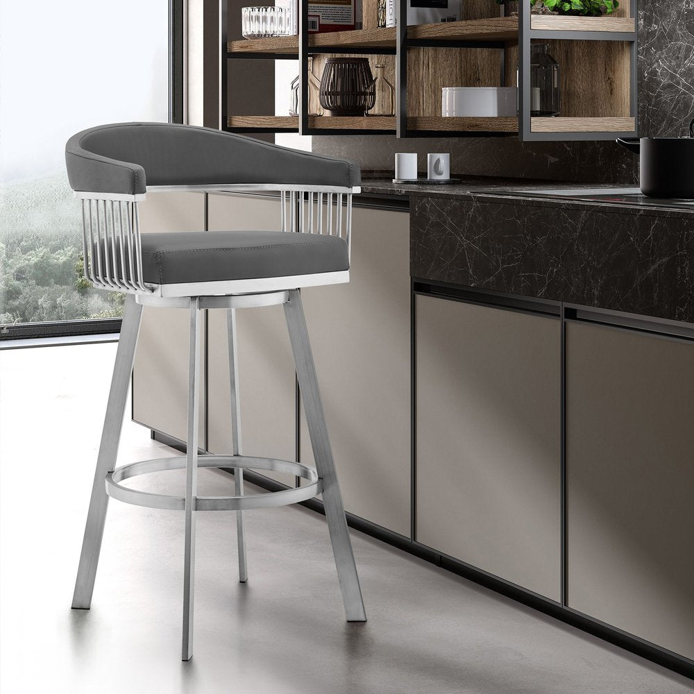 29" Gray And Silver Fabric And Iron Backless Bar Height Swivel Bar Chair