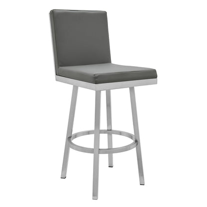 30" Gray And Silver Faux Leather And Faux Leather And Iron Bar Height Swivel Bar Chair
